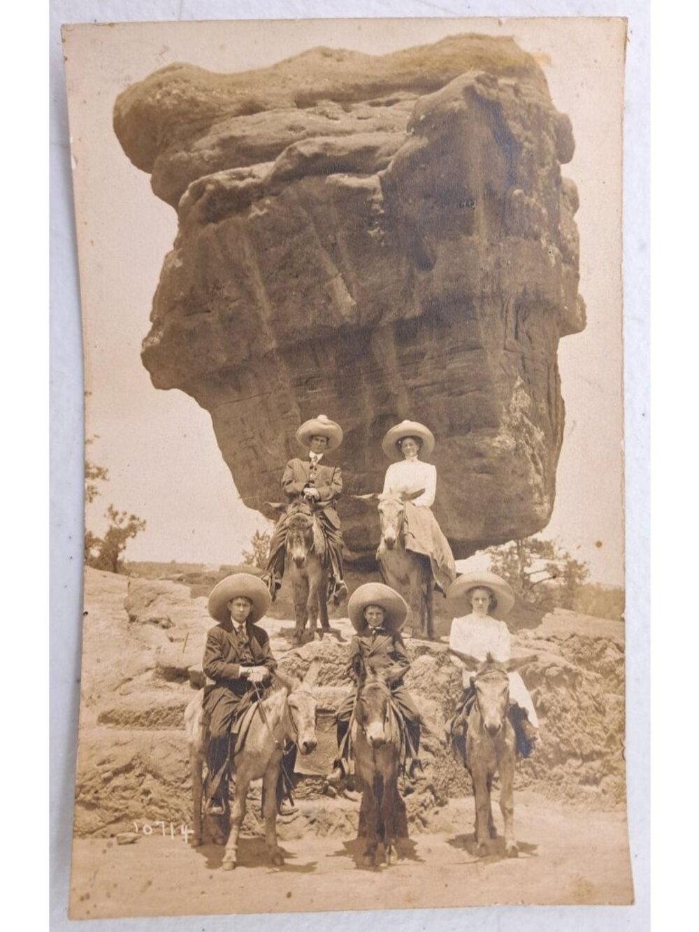 Antique Real Photo Postcard RPPC Family Donkey Balanced Rock Garden Of The Gods
